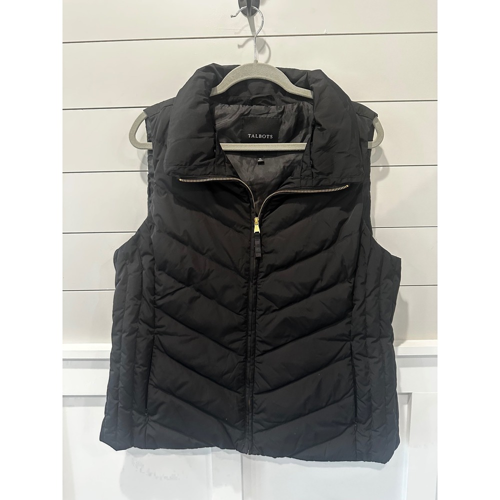 Talbots Black Chevron Quilted Puffer Vest Gold Zip XL